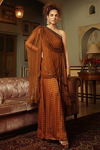 Mustard Printed One-Shoulder Jumpsuit by Pallavi Jaipur