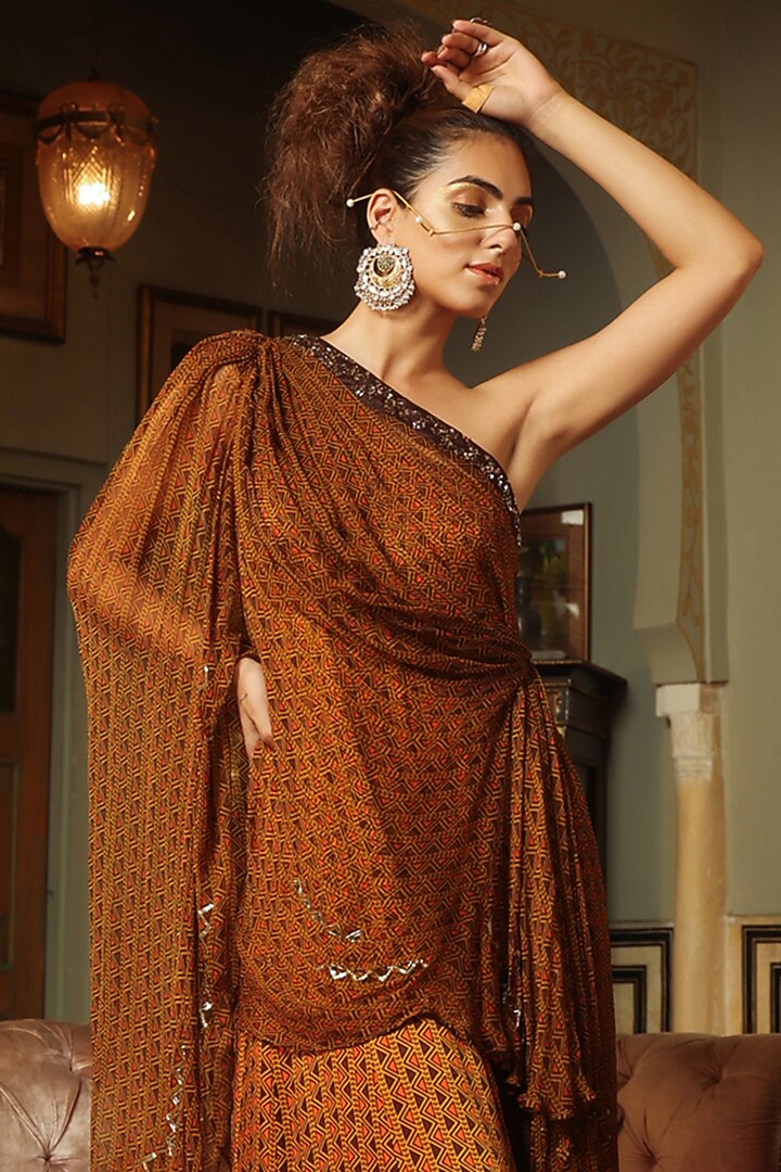Mustard Printed One-Shoulder Jumpsuit by Pallavi Jaipur at Pernia's Pop Up Shop