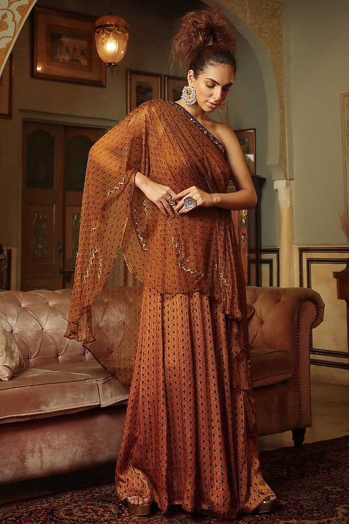 Mustard Printed One-Shoulder Jumpsuit by Pallavi Jaipur at Pernia's Pop Up Shop