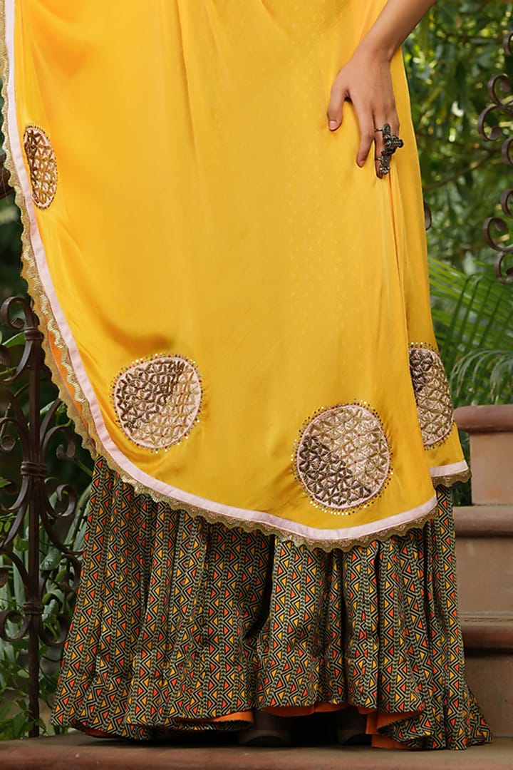 Yellow Printed & Embroidered Silk Satin One-Shoulder Tunic by Pallavi Jaipur at Pernia's Pop Up Shop