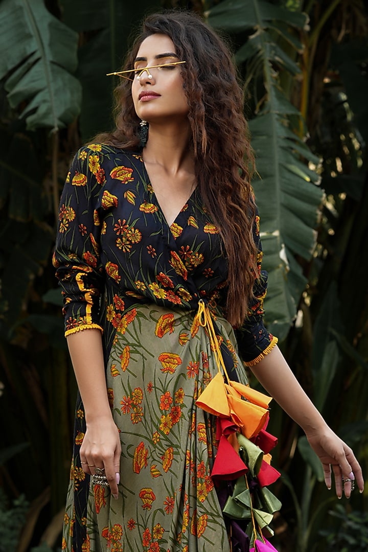 Charcoal Black & Sage Green Printed Angrakha Kurta Set by Pallavi Jaipur at Pernia's Pop Up Shop