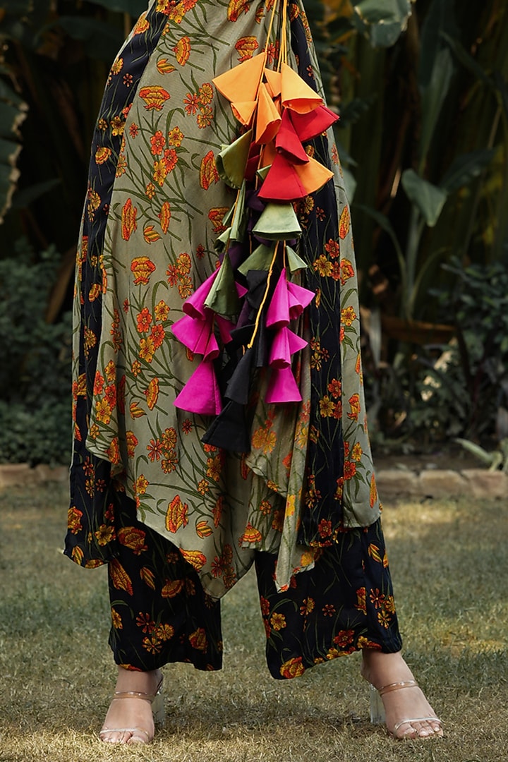 Charcoal Black & Sage Green Printed Angrakha Kurta Set by Pallavi Jaipur at Pernia's Pop Up Shop