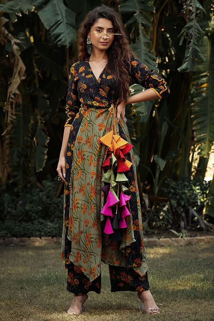 Charcoal Black & Sage Green Printed Angrakha Kurta Set by Pallavi Jaipur at Pernia's Pop Up Shop