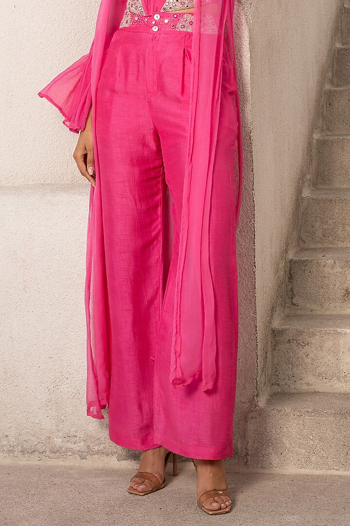 Hot Pink Tussar Silk Mirror Embroidered Co-Ord Set by Pallavi Jaipur at Pernia's Pop Up Shop