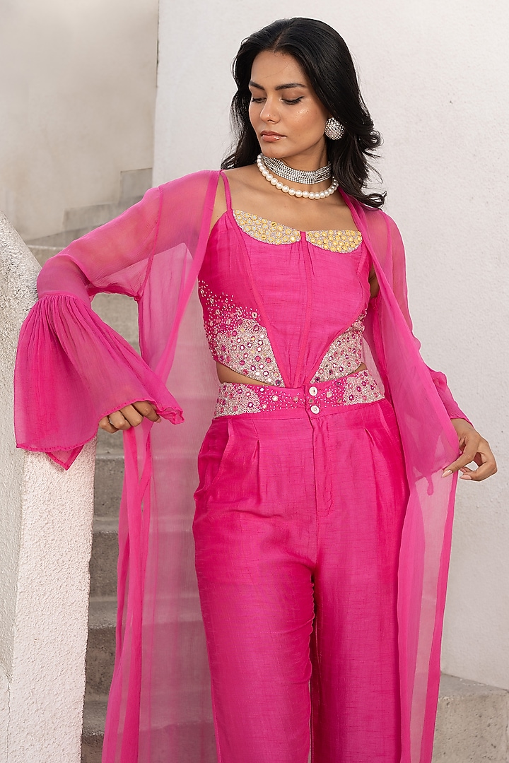 Hot Pink Tussar Silk Mirror Embroidered Co-Ord Set by Pallavi Jaipur at Pernia's Pop Up Shop