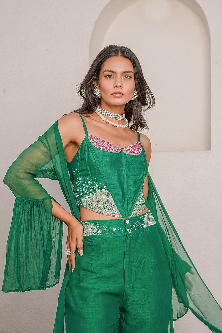 Basil Green Tussar Silk Mirror Embroidered Co-Ord Set by Pallavi Jaipur at Pernia's Pop Up Shop