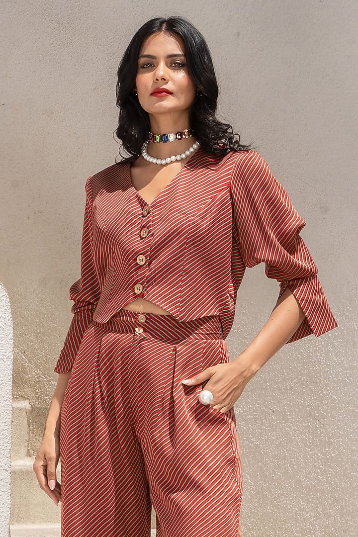 Chilly Red Tussar Silk Stripes Printed Co-Ord Set by Pallavi Jaipur at Pernia's Pop Up Shop