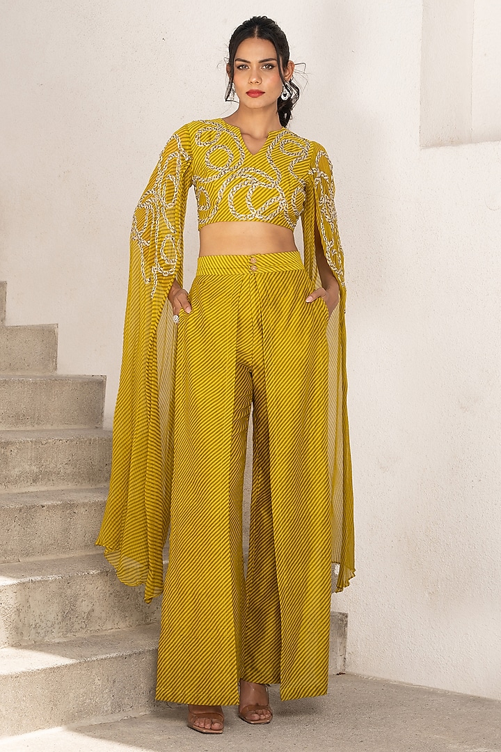 Olive Green Chanderi Flutter Pant Set by Pallavi Jaipur at Pernia's Pop Up Shop