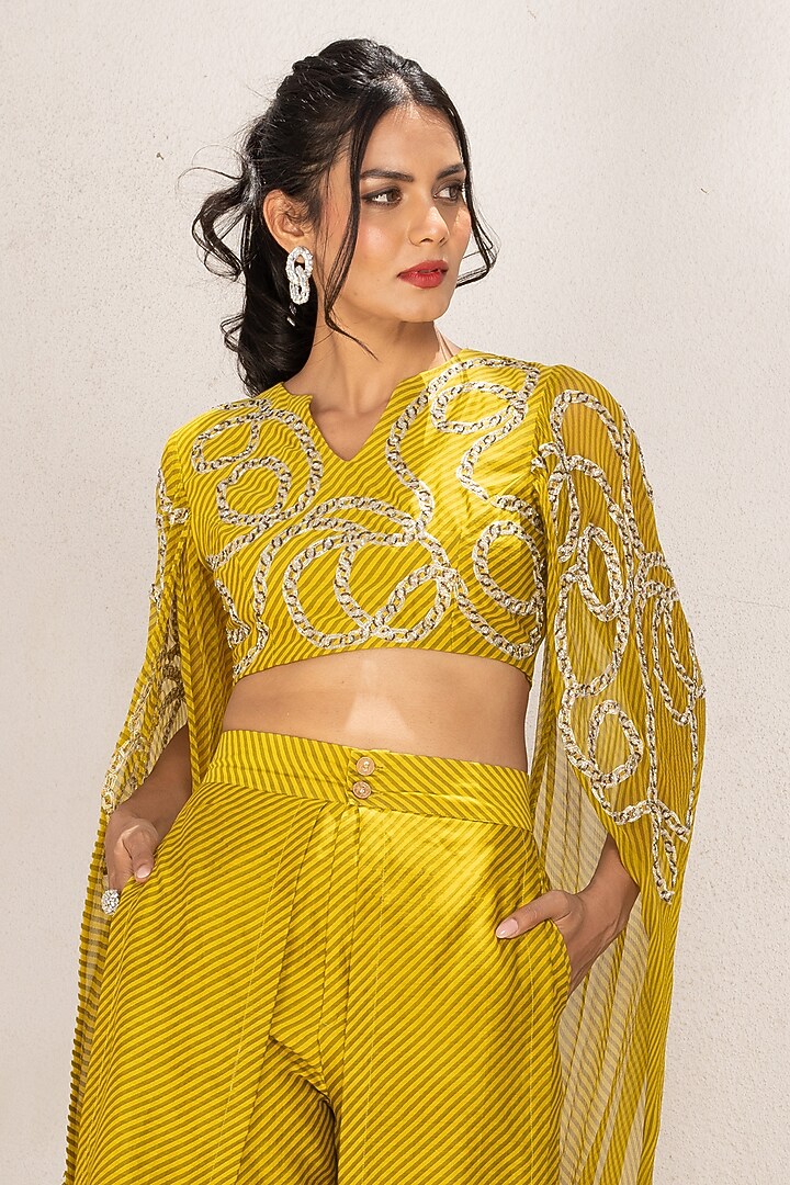 Olive Green Chanderi Flutter Pant Set by Pallavi Jaipur at Pernia's Pop Up Shop