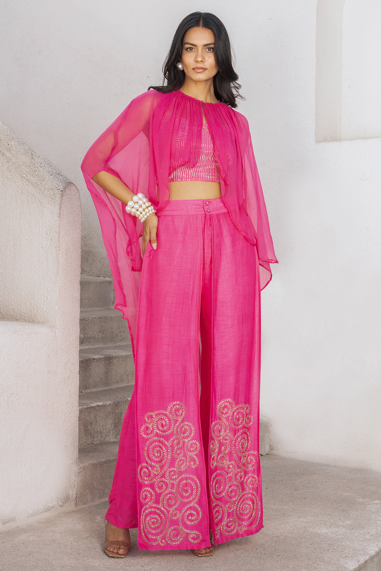 Hot Pink Chiffon Cape Set by Pallavi Jaipur at Pernia's Pop Up Shop