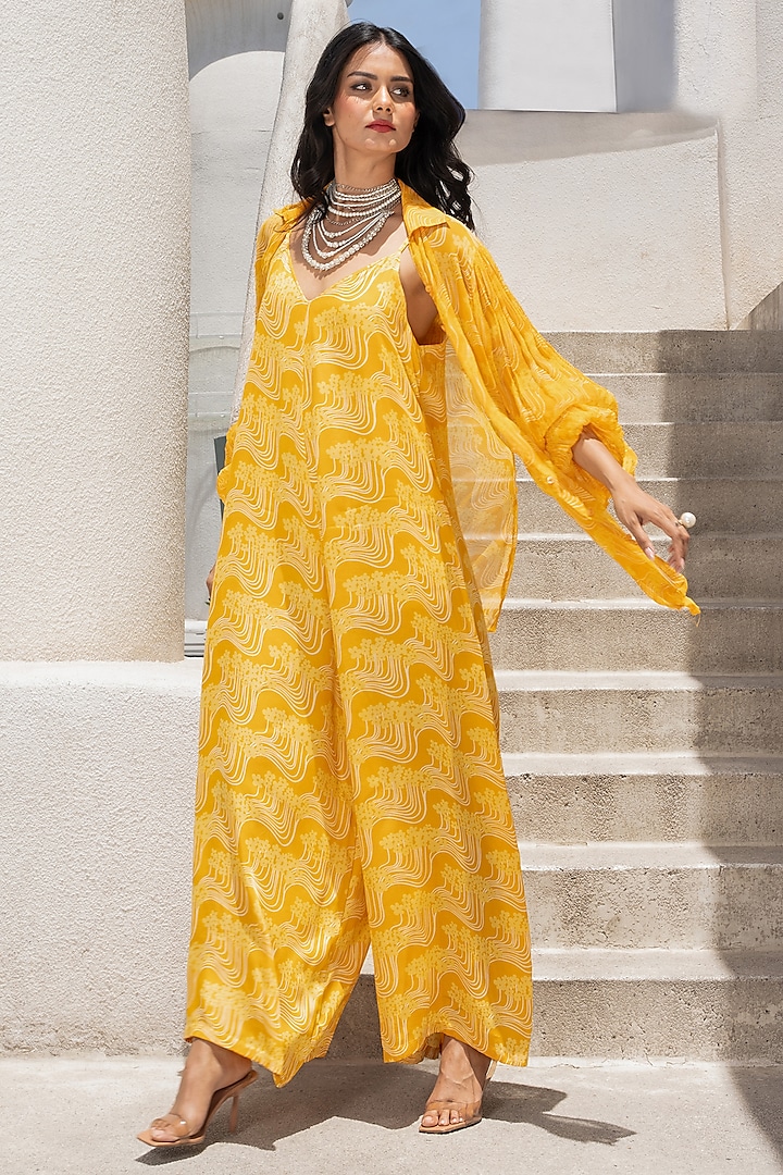 Marigold Yellow Silk Blend Floral Printed Jumpsuit With Shirt by Pallavi Jaipur at Pernia's Pop Up Shop