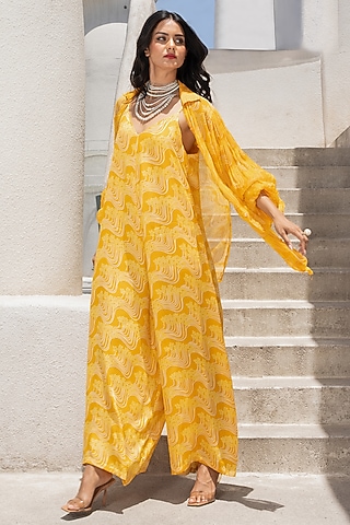 Marigold Yellow Silk Blend Floral Printed Jumpsuit With Shirt by Pallavi Jaipur