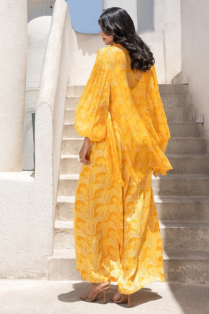 Marigold Yellow Silk Blend Floral Printed Jumpsuit With Shirt by Pallavi Jaipur at Pernia's Pop Up Shop
