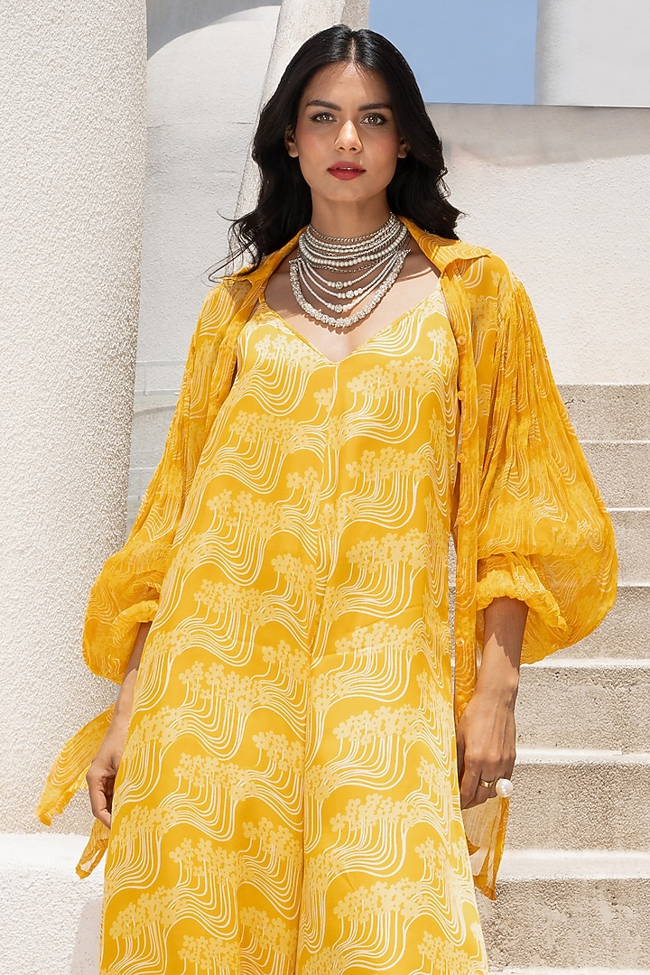 Marigold Yellow Silk Blend Floral Printed Jumpsuit With Shirt by Pallavi Jaipur at Pernia's Pop Up Shop