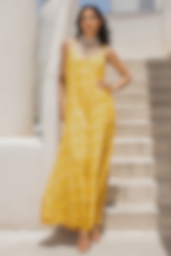 Marigold Yellow Silk Blend Floral Printed Jumpsuit by Pallavi Jaipur at Pernia's Pop Up Shop