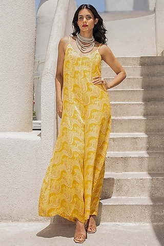 Marigold Yellow Silk Blend Floral Printed Jumpsuit by Pallavi Jaipur