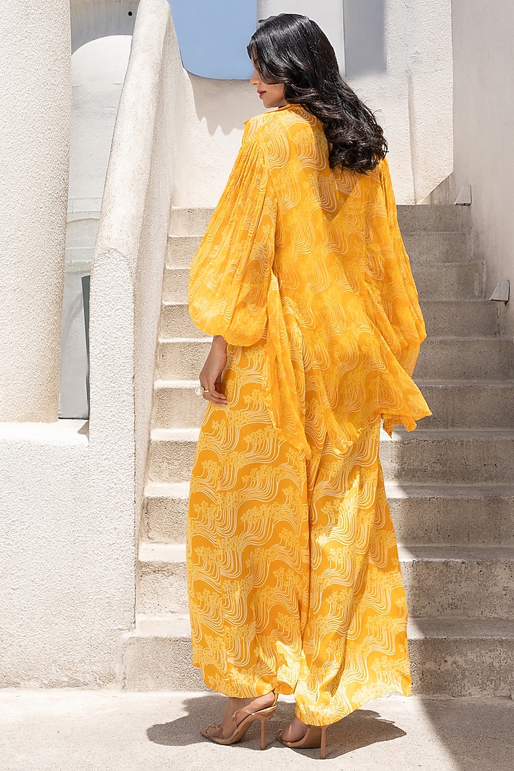 Marigold Yellow Silk Blend Floral Printed Jumpsuit by Pallavi Jaipur at Pernia's Pop Up Shop