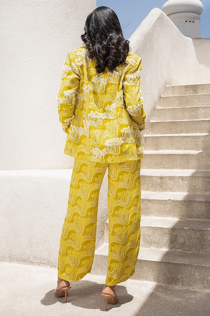 Lemon Green Silk Floral Printed Blend Blazer Set by Pallavi Jaipur at Pernia's Pop Up Shop