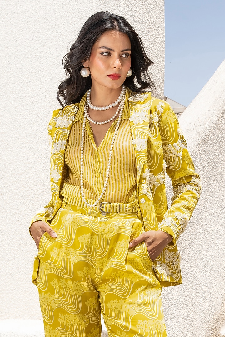 Lemon Green Silk Floral Printed Blend Blazer Set by Pallavi Jaipur at Pernia's Pop Up Shop