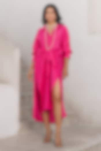 Hot Pink Tussar Silk Tie-Up Shirt Dress by Pallavi Jaipur at Pernia's Pop Up Shop