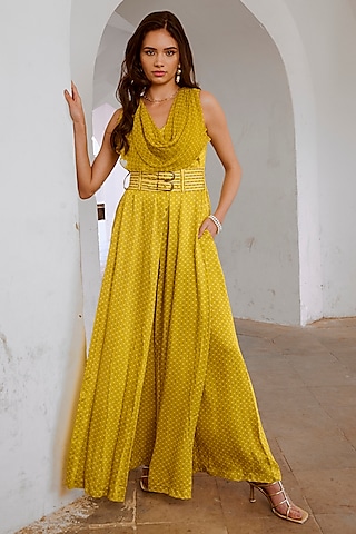 Lemon Green Silk Blend Printed Cowl Jumpsuit by Pallavi Jaipur