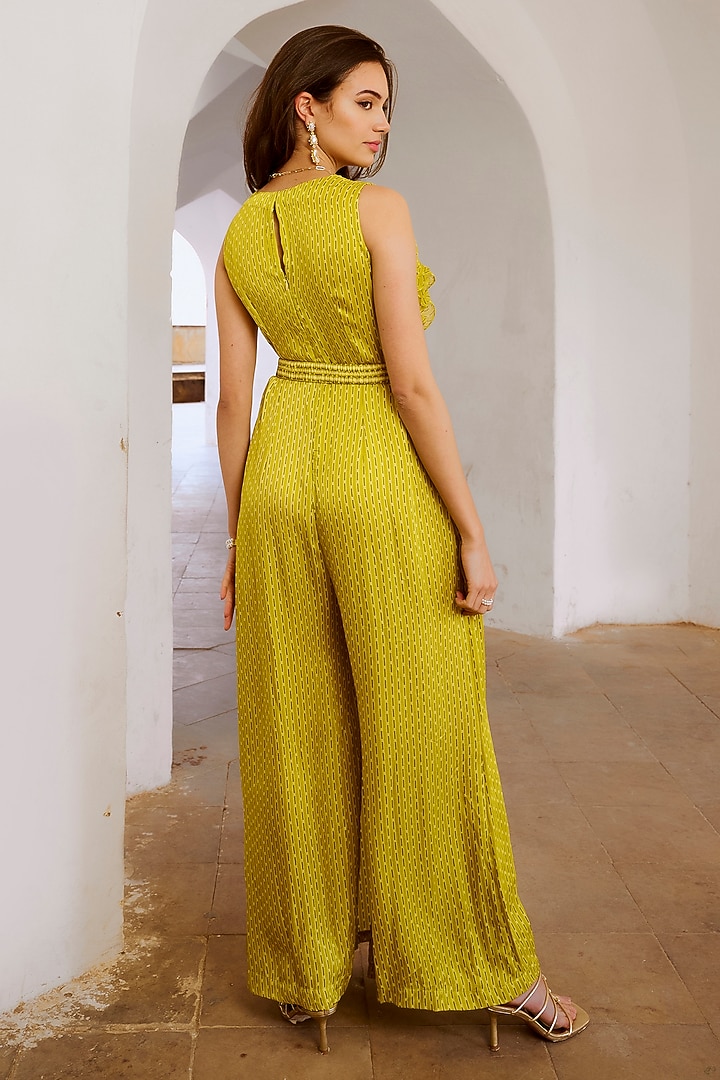 Lemon Green Silk Blend Printed Cowl Jumpsuit by Pallavi Jaipur at Pernia's Pop Up Shop