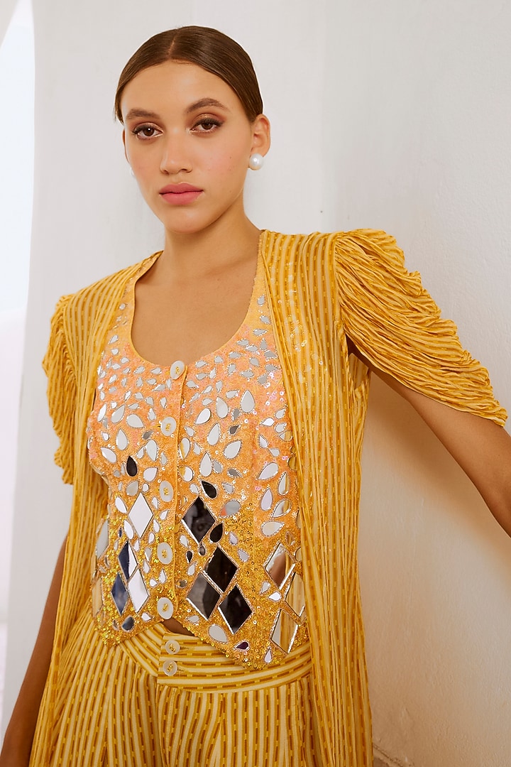 Daisy Yellow Chiffon Waterfall Cape Set by Pallavi Jaipur at Pernia's Pop Up Shop