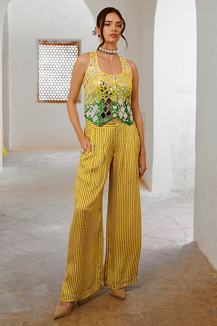 Lemon Green Silk Blend Printed Pant Set by Pallavi Jaipur at Pernia's Pop Up Shop