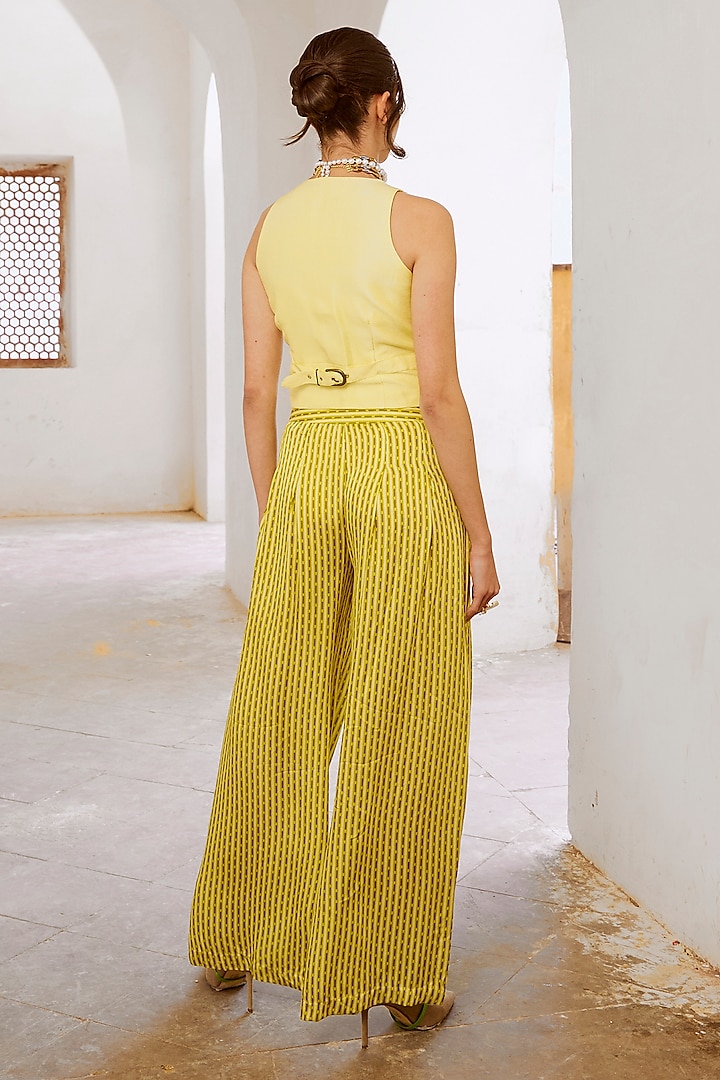 Lemon Green Silk Blend Printed Pant Set by Pallavi Jaipur at Pernia's Pop Up Shop