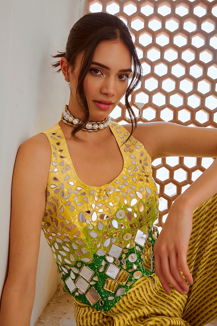 Lemon Green Silk Blend Printed Pant Set by Pallavi Jaipur at Pernia's Pop Up Shop