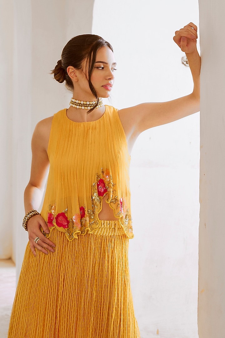 Marigold Yellow Chiffon Printed Skirt Set by Pallavi Jaipur at Pernia's Pop Up Shop