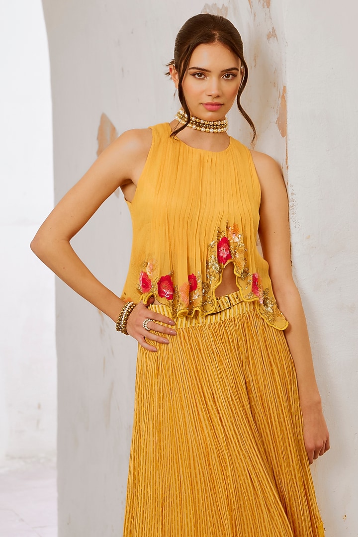 Marigold Yellow Chiffon Printed Skirt Set by Pallavi Jaipur at Pernia's Pop Up Shop