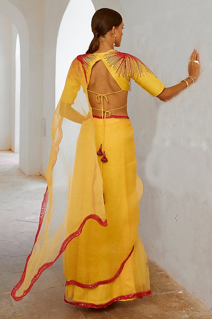 Daisy Yellow Organza Cutwork Wedding Saree Set by Pallavi Jaipur at Pernia's Pop Up Shop