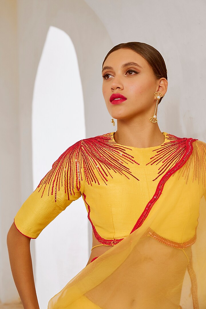 Daisy Yellow Organza Cutwork Wedding Saree Set by Pallavi Jaipur at Pernia's Pop Up Shop