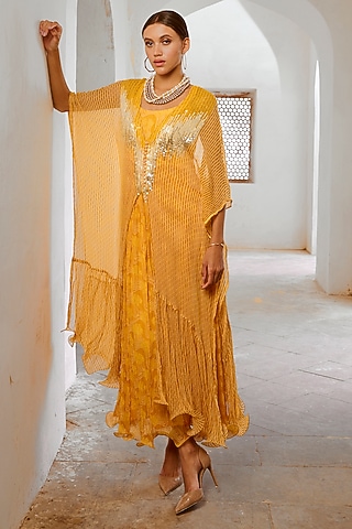 Marigold Yellow Chiffon Ombre Sequins Embroidered Kaftan by Pallavi Jaipur