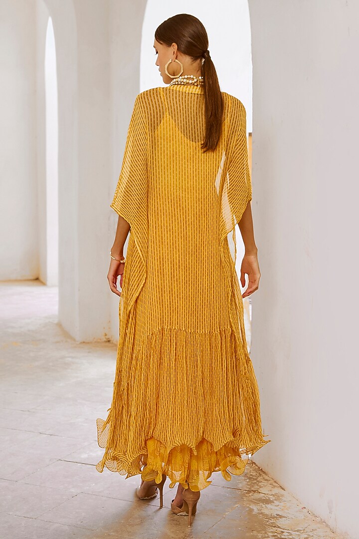 Marigold Yellow Chiffon Ombre Sequins Embroidered Kaftan by Pallavi Jaipur at Pernia's Pop Up Shop