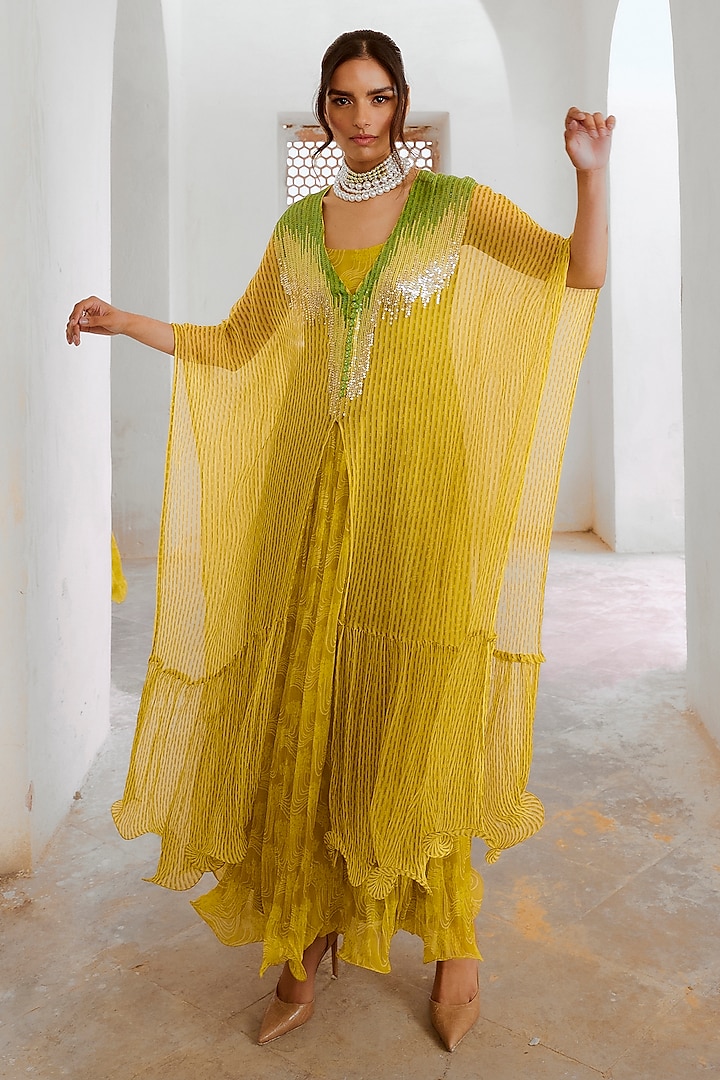 Lemon Green Silk Blend Floral Printed Maxi Dress With Kaftan  by Pallavi Jaipur at Pernia's Pop Up Shop