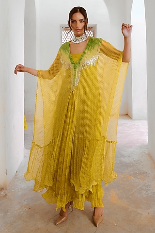 Lemon Green Silk Blend Floral Printed Maxi Dress With Kaftan  by Pallavi Jaipur