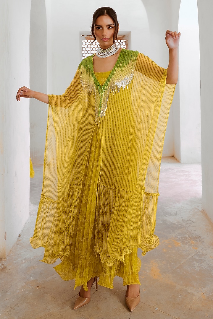 Lemon Green Chiffon Ombre Sequins Embroidered Kaftan by Pallavi Jaipur at Pernia's Pop Up Shop