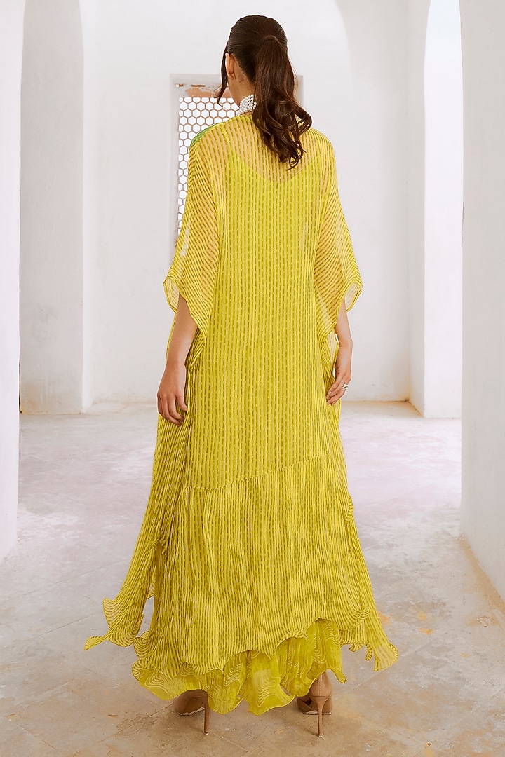 Lemon Green Chiffon Ombre Sequins Embroidered Kaftan by Pallavi Jaipur at Pernia's Pop Up Shop