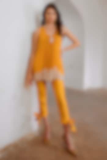 Marigold Yellow Chiffon Printed & Cutdana Embroidered Tunic Set by Pallavi Jaipur at Pernia's Pop Up Shop