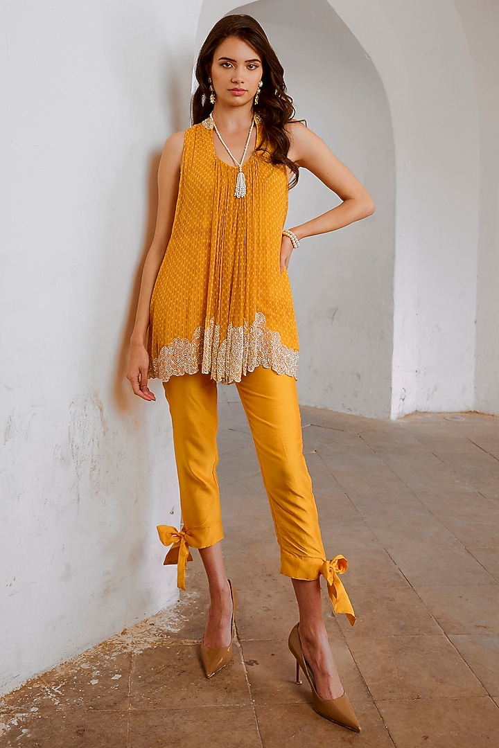 Marigold Yellow Chiffon Printed & Cutdana Embroidered Tunic Set by Pallavi Jaipur at Pernia's Pop Up Shop