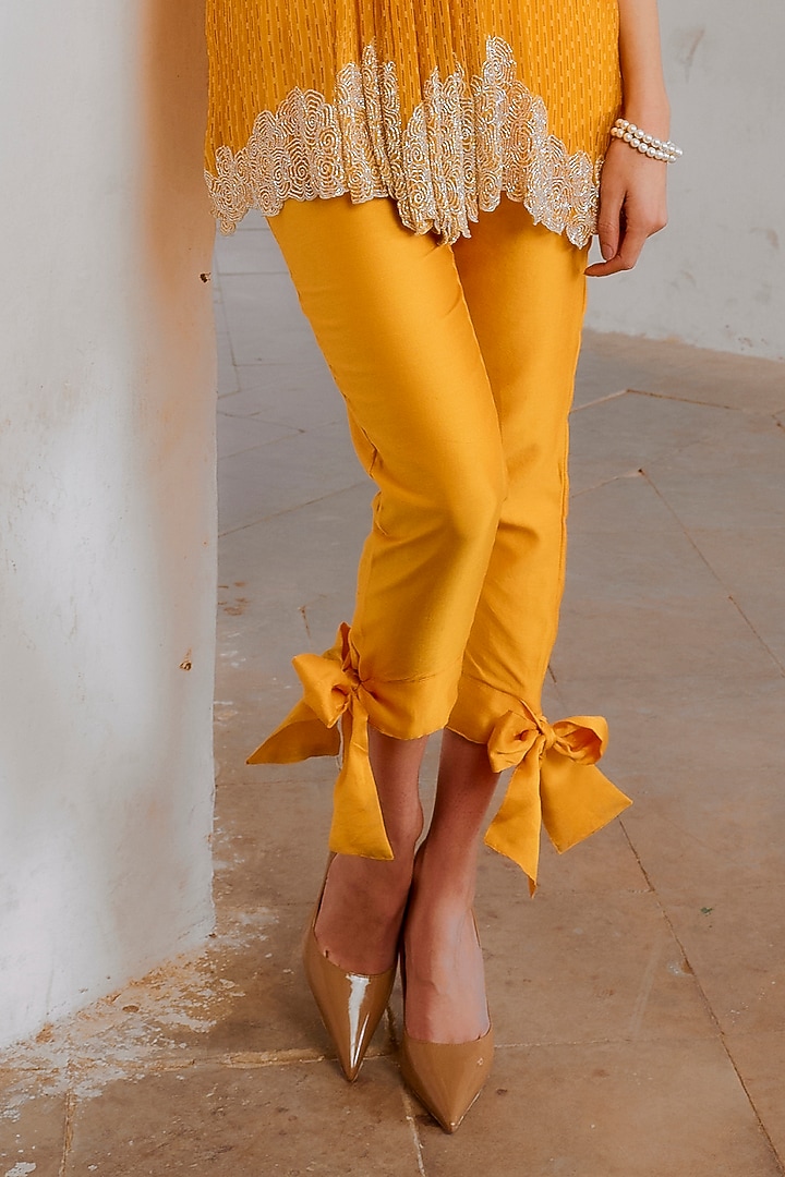 Marigold Yellow Chiffon Printed & Cutdana Embroidered Tunic Set by Pallavi Jaipur at Pernia's Pop Up Shop