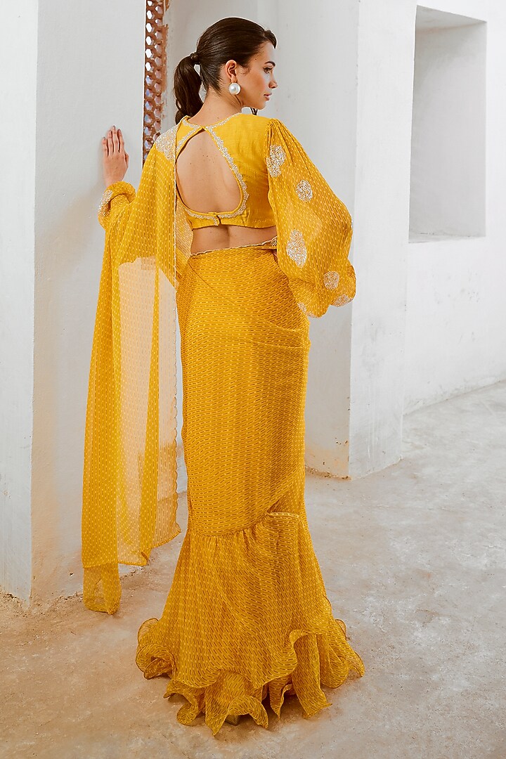 Marigold Yellow Chiffon Printed & Cutdana Work Draped Wedding Saree Set by Pallavi Jaipur at Pernia's Pop Up Shop