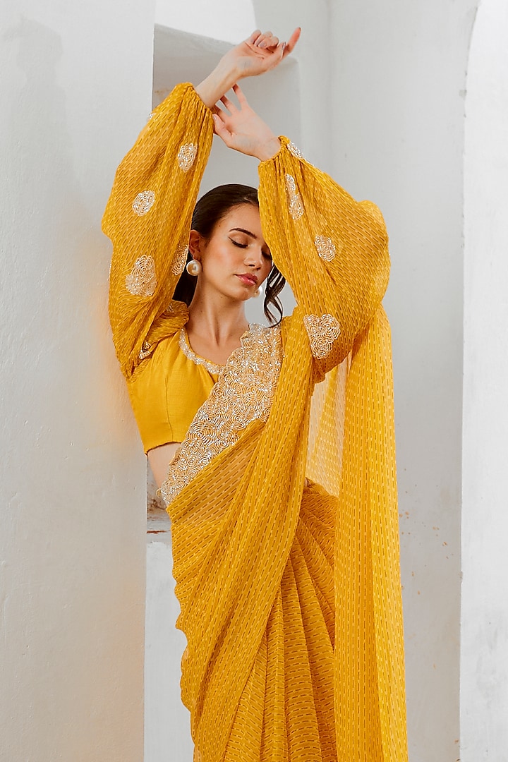 Marigold Yellow Chiffon Printed & Cutdana Work Draped Wedding Saree Set by Pallavi Jaipur at Pernia's Pop Up Shop