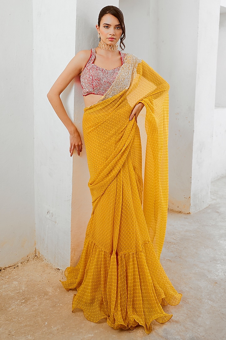 Marigold Yellow Chiffon Printed & Cutdana Work Draped Saree Set by Pallavi Jaipur at Pernia's Pop Up Shop