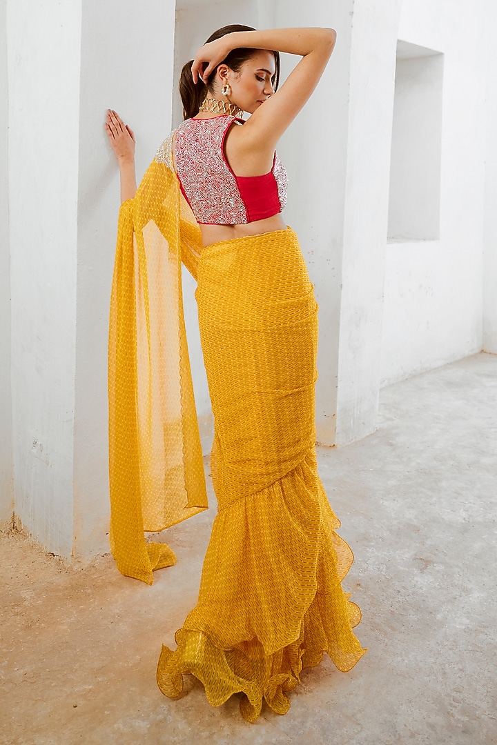 Marigold Yellow Chiffon Printed & Cutdana Work Draped Wedding Saree Set by Pallavi Jaipur at Pernia's Pop Up Shop