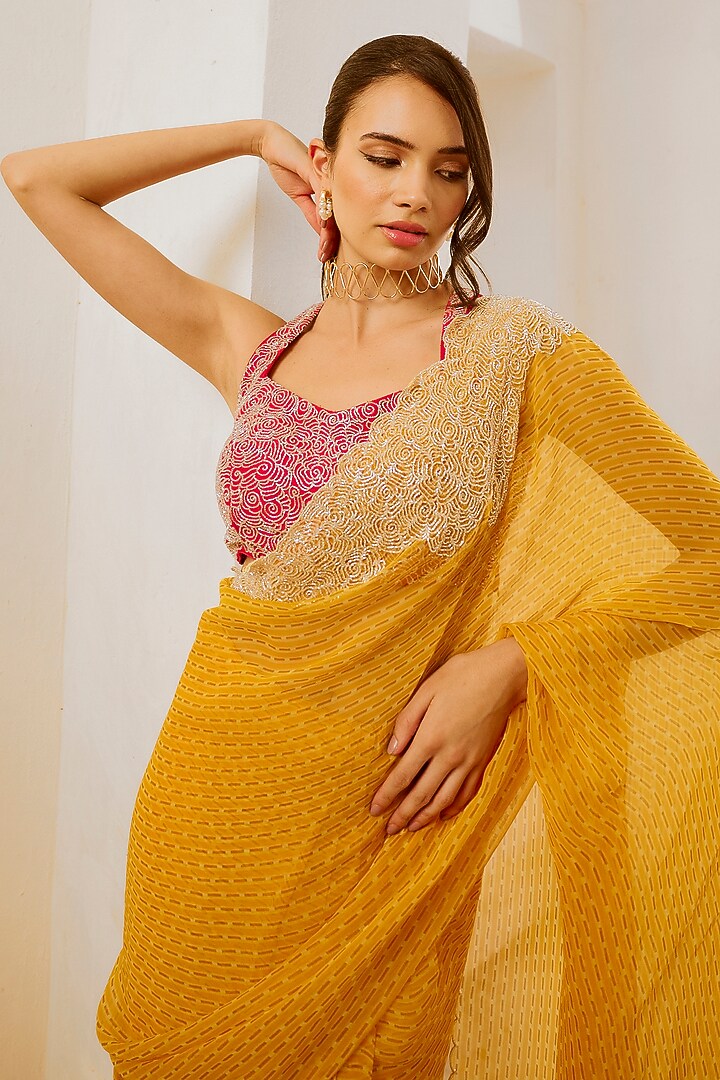 Marigold Yellow Chiffon Printed & Cutdana Work Draped Wedding Saree Set by Pallavi Jaipur at Pernia's Pop Up Shop
