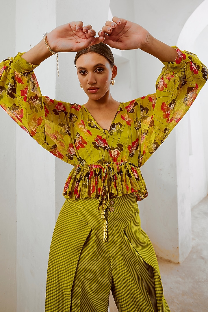 Olive Green Chanderi Pant Set by Pallavi Jaipur at Pernia's Pop Up Shop