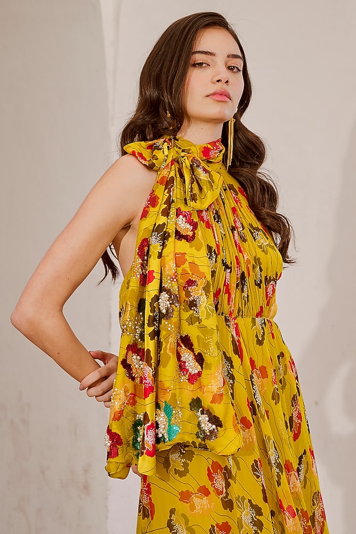 Green Chiffon Printed Double Layered Maxi Vacation Dress by Pallavi Jaipur at Pernia's Pop Up Shop